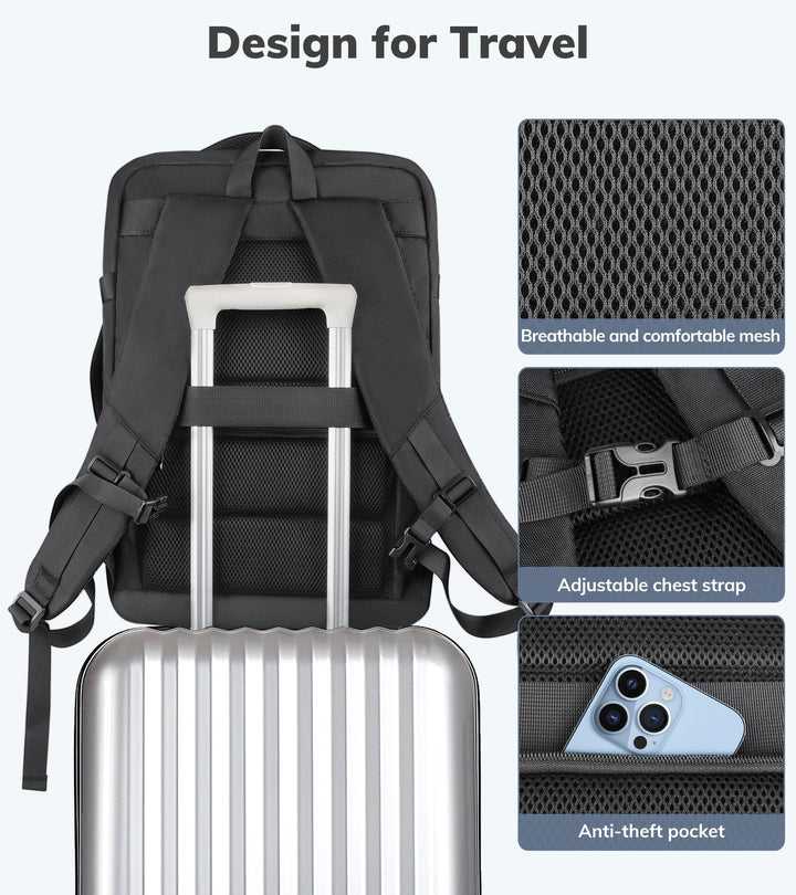 Travel Backpack, Extra Large Backpack, Carry On Backpack, 45L Expandable Airline Approved Water Resistant Suitcase Luggage Big Bag with USB Port Fits 17 Inch Laptops, Travel Gifts for Men, Black