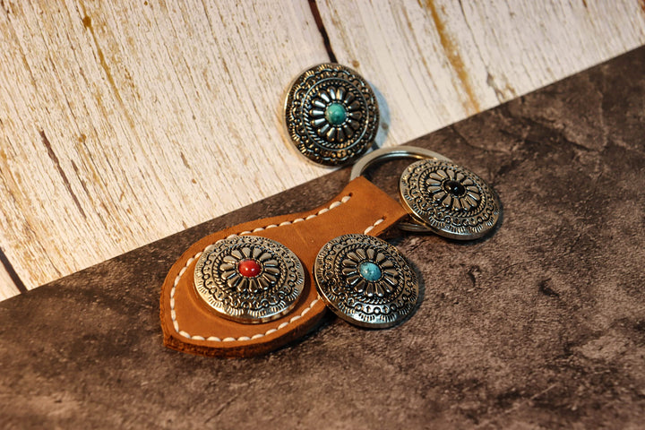 Conchos, Decorative Concho for Handmade, 5 Pack Artificial Turquoise Screw Buttons and Multi Size Screws, Round Metal Sunflower Daisy Indian Eagle OX Head DIY Leathercraft (Sunflower-Green)