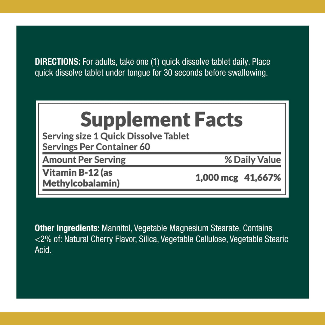 Nature&#39;s Bounty Vitamin B12, Supports Energy Metabolism and Nervous System Health, 1000mcg, 60 Quick Dissolve Tablets
