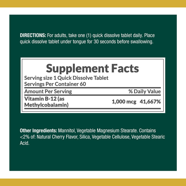Nature&#39;s Bounty Vitamin B12, Supports Energy Metabolism and Nervous System Health, 1000mcg, 60 Quick Dissolve Tablets