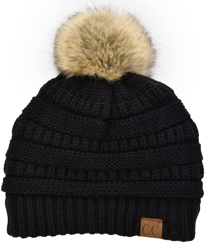 Trendy Fuzzy Sherpa Fleece Lined Warm Soft Stretch Cable Knit Faux Fur Pom Pom Skull Cap Cuff Beanie Hat, Black