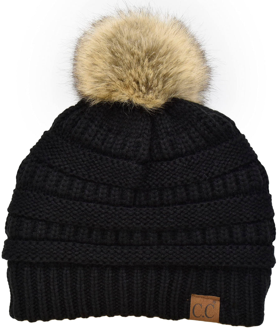 Trendy Fuzzy Sherpa Fleece Lined Warm Soft Stretch Cable Knit Faux Fur Pom Pom Skull Cap Cuff Beanie Hat, Black
