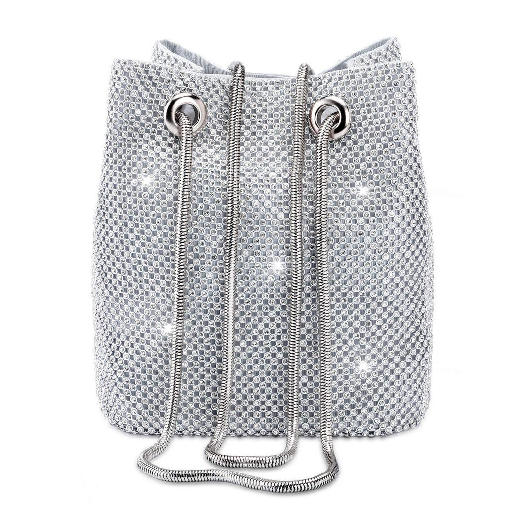 Women Rhinestones Crystal Clutch Mini Evening Bags Bucket Bag Party Prom Wedding Small Shoulder Cross-body Purses (Mini, Silver)