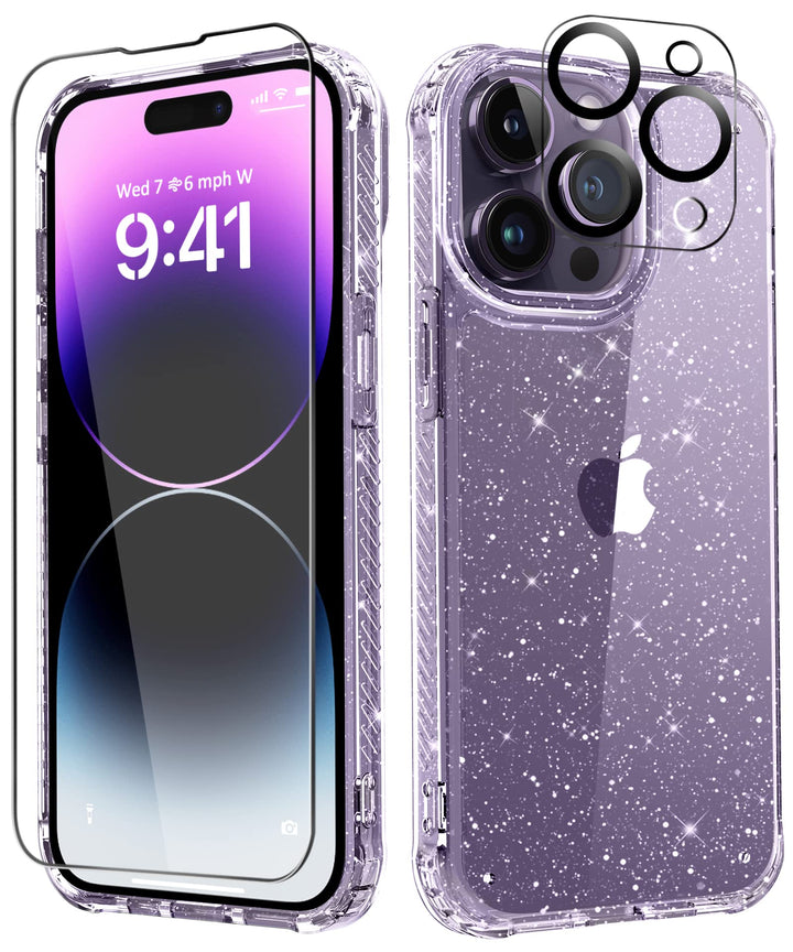 for iPhone 14 Pro Max Case with Screen Protector + Camera Lens Protector, [Non-Yellowing] Clear Glitter Phone Case, Shockproof Protective Women Cute Bumper Cover for 6.7 Inch - Sparkle Clear