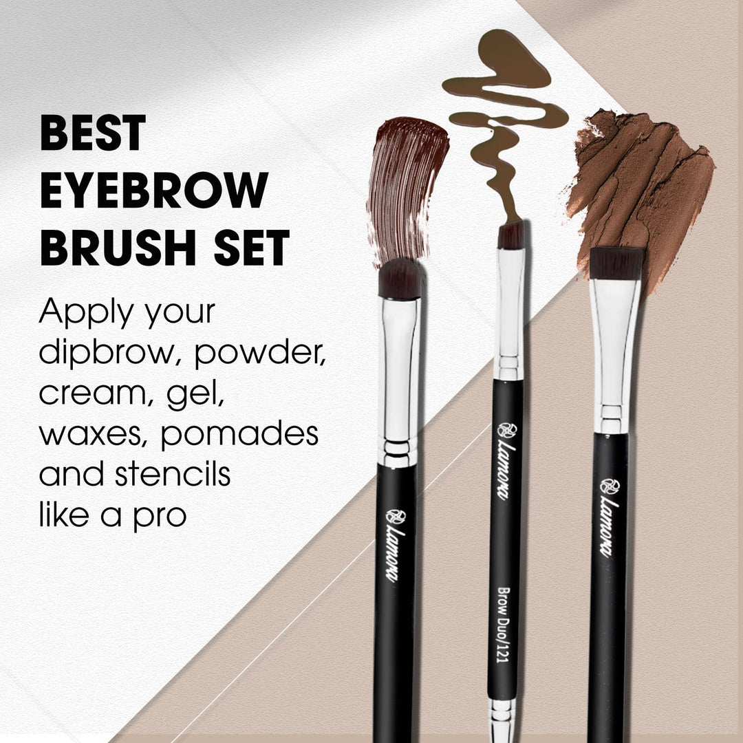Eyebrow Brush - Duo Eye Brow Spoolie - Angled Eyeshadow Eyeliner - Precision Flat Definer - Small Shader - Premium Quality 3 Piece Set - Cruelty Free Synthetic Bristles - Apply Gel Powder Wax Pomade