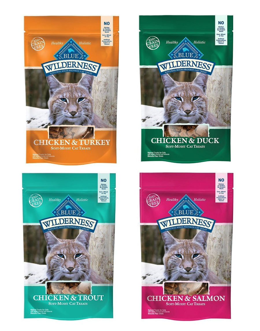 Buffalo Wilderness Soft-Moist Grain-Free Cat Treats Variety Pack - 4 Flavors (Chicken & Duck, Chicken & Trout, Chicken & Salmon, and Chicken & Turkey) - 2 Oz Each (4 Total Pouches)
