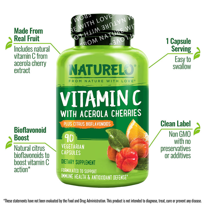 Vitamin C with Organic Acerola Cherry Extract and Citrus Bioflavonoids - Vegan Supplement - Immune Support - 500 mg VIT C per Cap - Non-GMO - 90 Capsules
