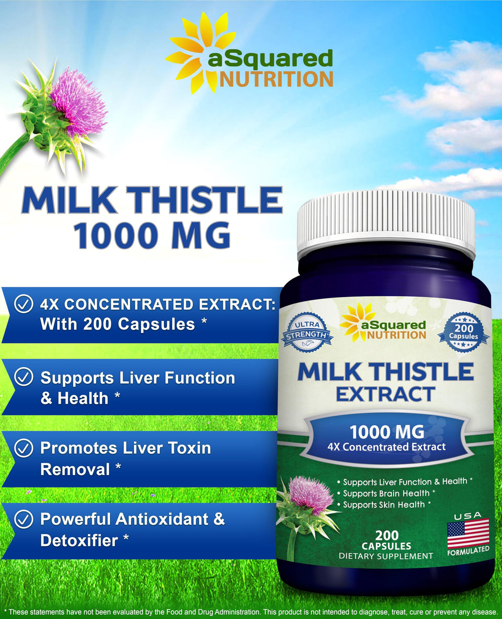 Milk Thistle Supplement 1000mg-200 Capsules,Max Strength 4X Concentrated Extract 4:1 Milk Thistle Seed Powder Herb Pills, 1000 mg Silymarin Extract for Liver Support, Cleanse, Detox