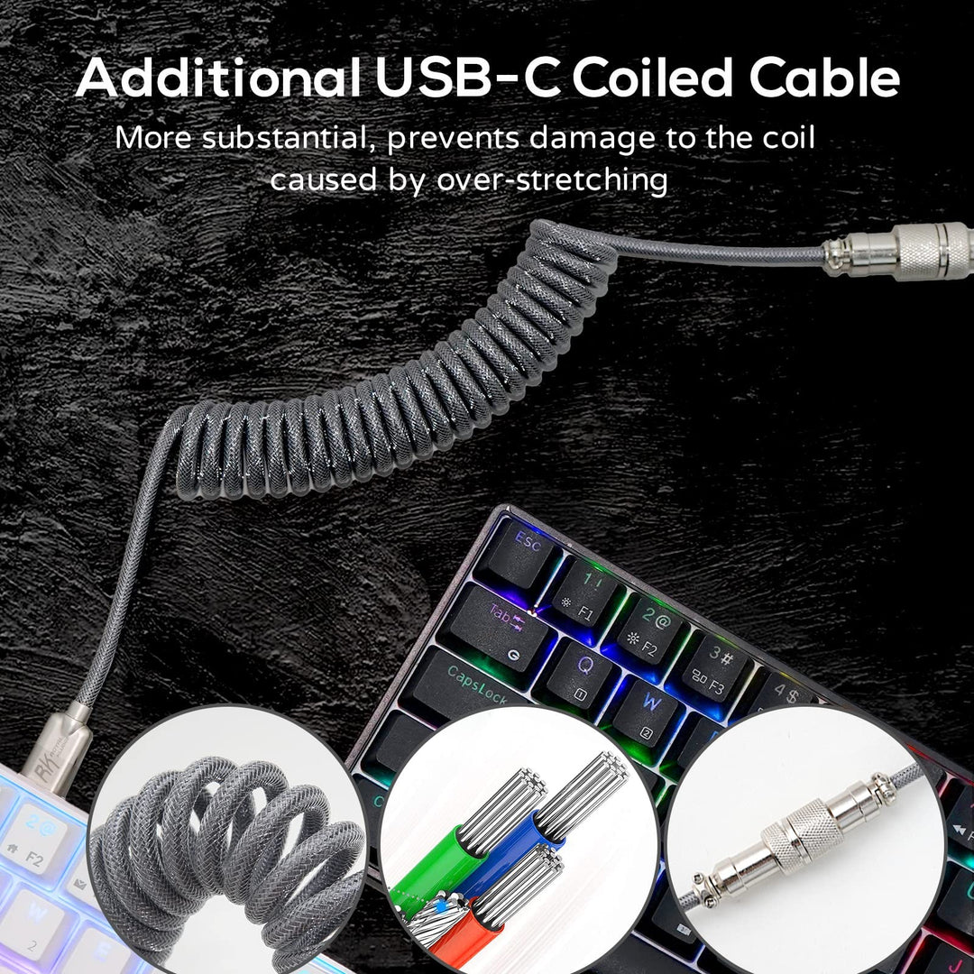 RK61 60% Mechanical Keyboard with Coiled Cable, 2.4Ghz/Bluetooth/Wired, Wireless Bluetooth Mini Keyboard 61 Keys, RGB Hot Swappable Red Switch Gaming Keyboard with Software - White