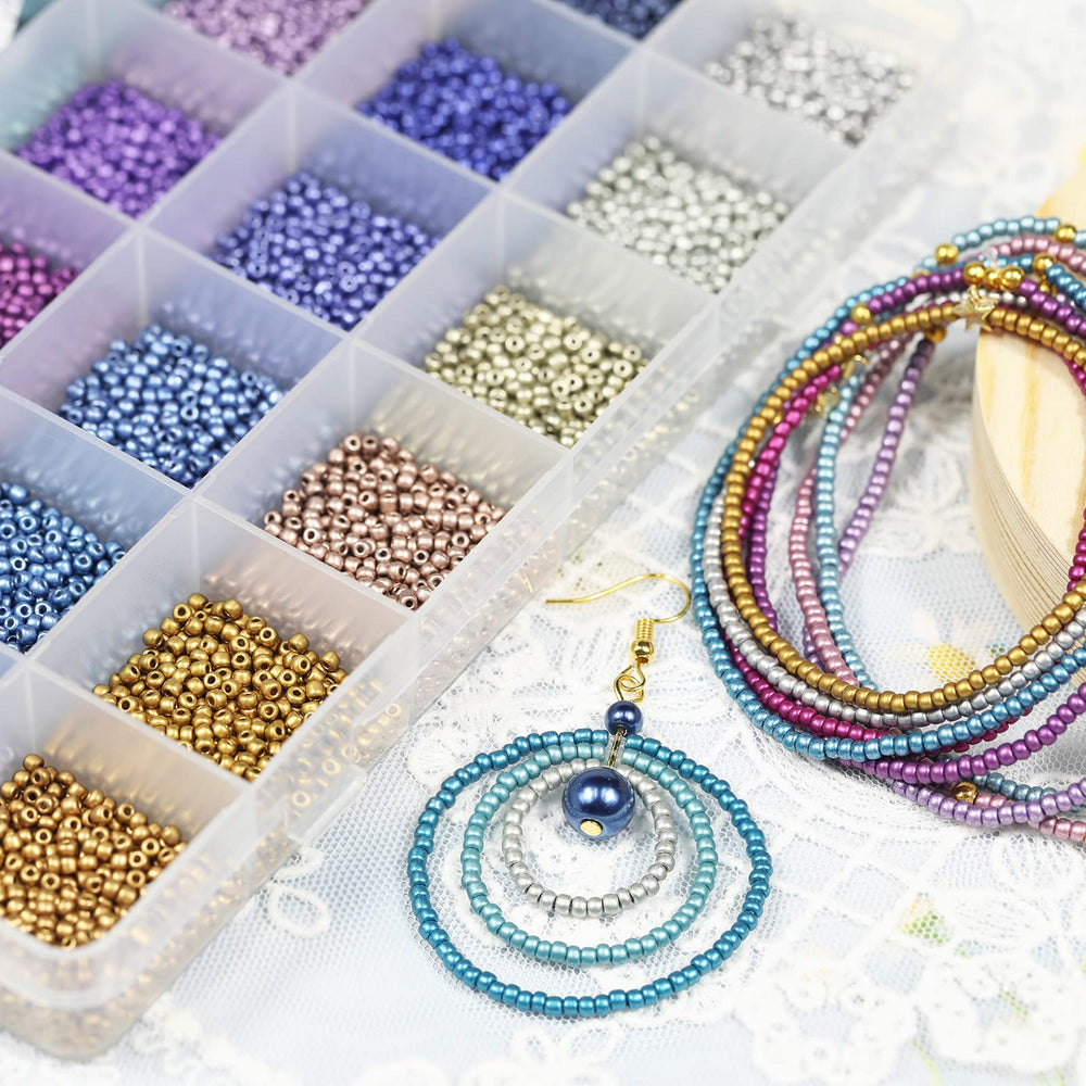 Size 2mm 12/0 Seed Beads About 15600pcs, Small Seed Beads Supplies with Elastic String,Jump Ring and Charms for Making Earring,Bracelet and Jewelry (650Pcs/Color, 24 Colors)