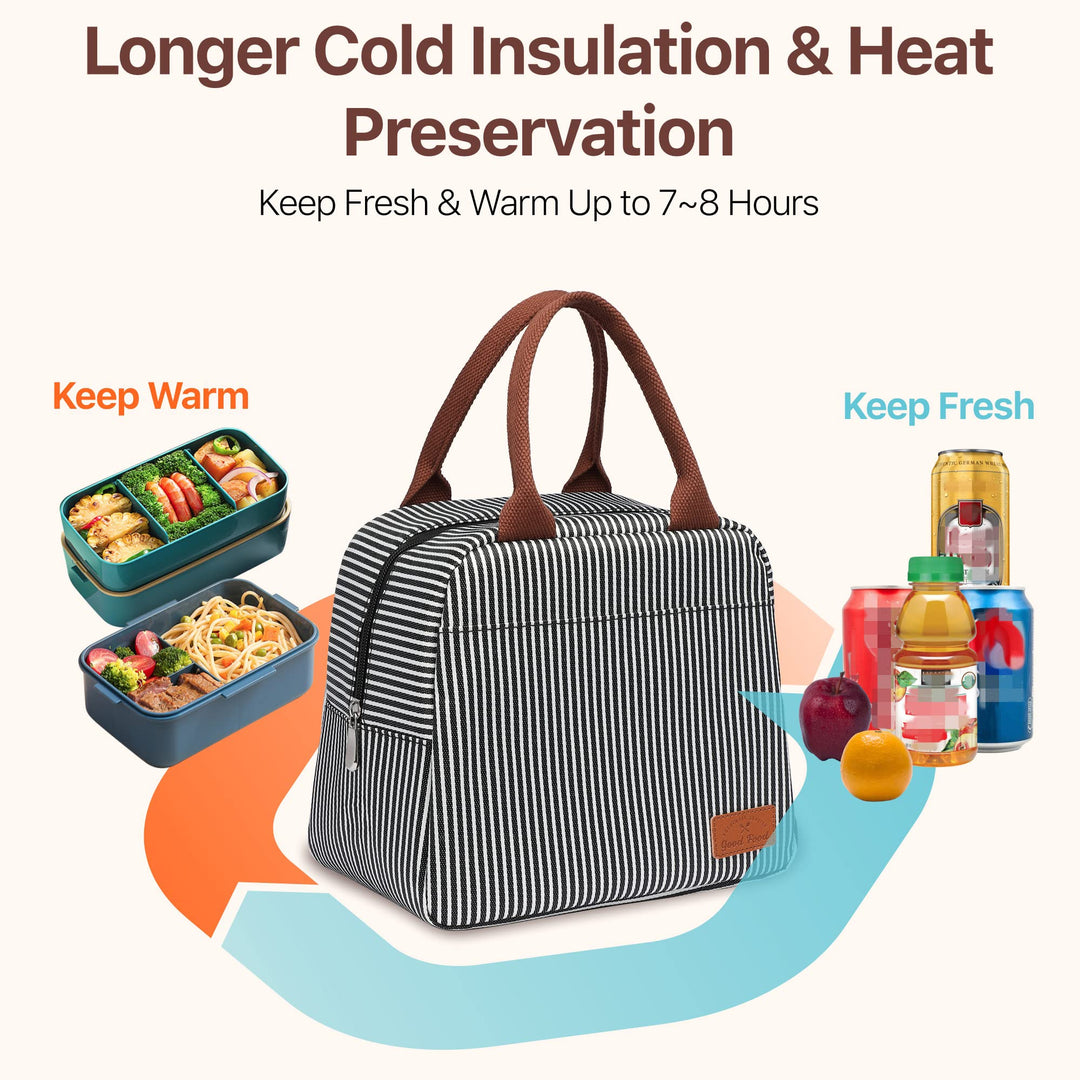Insulated Lunch Bag Women - Lunch Bag for Women Men Reusable Lunch Box Leakproof Thermal Cooler Sack Food Handbags Case High Capacity for Work and Picnic (Black White Stripe)