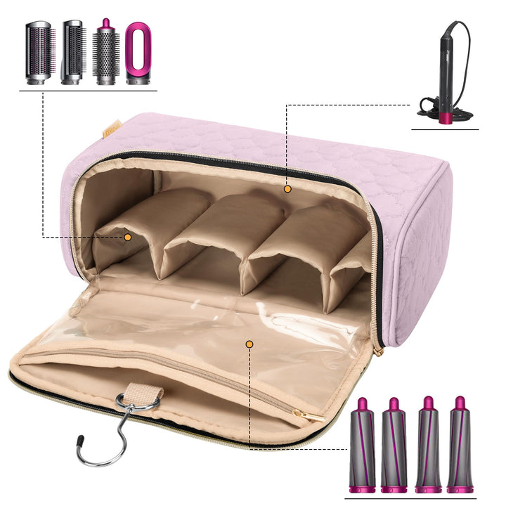 Yarwo Travel Case Compatible for Dyson Airwrap Complete Styler and Attachments, Portable Storage Bag with Hanging Hook for Hair Curler Accessories, Pink (Patent Design)