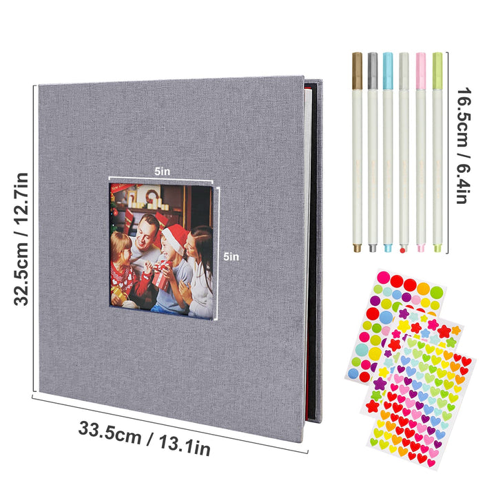 Photo Album Self Adhesive Scrapbook Album DIY Scrapbooking Book Length 13.2 x Width 12.8 (Inches) with 6pcs Metallic Pen,3pcs stickers,Grey