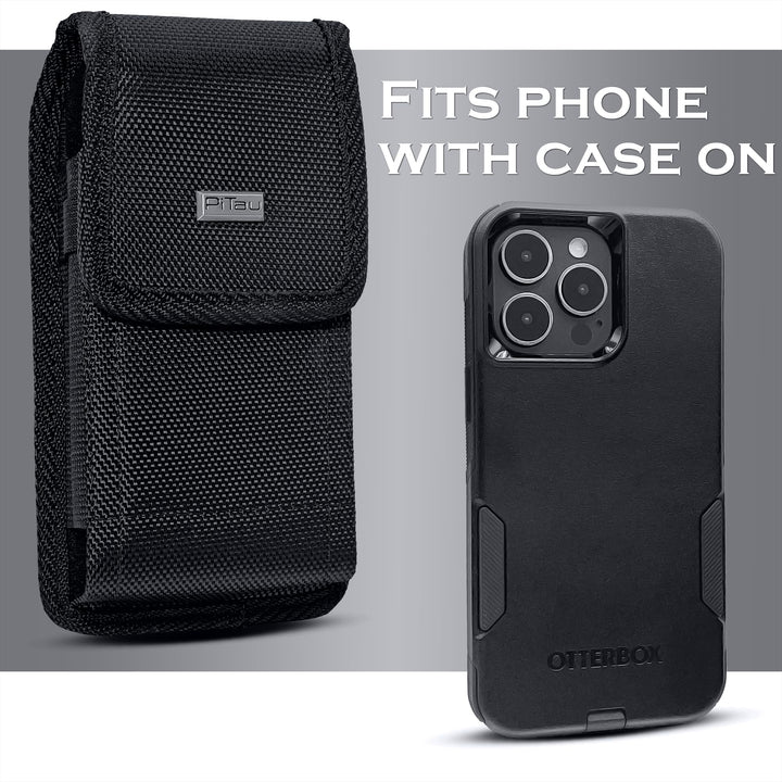 Holster for iPhone 16, 16 pro,15 Pro, 14, 14 Pro 13, 13 Pro 12 Pro 12 X, XR, Xs, 11, 10 Nylon Cell Phone Belt Holder Case with Clip Carrying Pouch Cover (Fits with Otterbox Commuter Case) Black