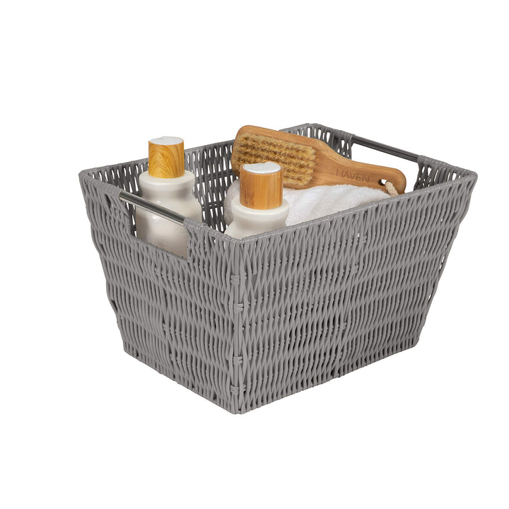 12x10x8 Medium Woven Basket for Storage with Handles, Nursery, Playroom, Toys, Bedroom, Closet, Clothes, Office, Decorative Organizer Rattan Totes, Grey