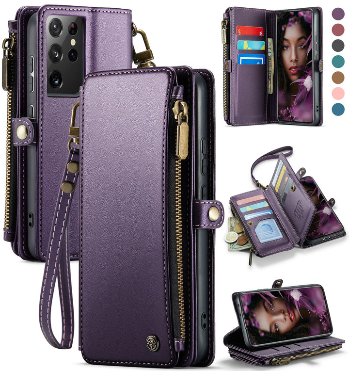 Compatible with Samsung Galaxy S21 Ultra Case Wallet with Card Holder for Women Men, PU Leather Magnetic Snap Flip Zipper Strap Wallet Case Fit for Galaxy S21 Ultra 5G, Fashion Green