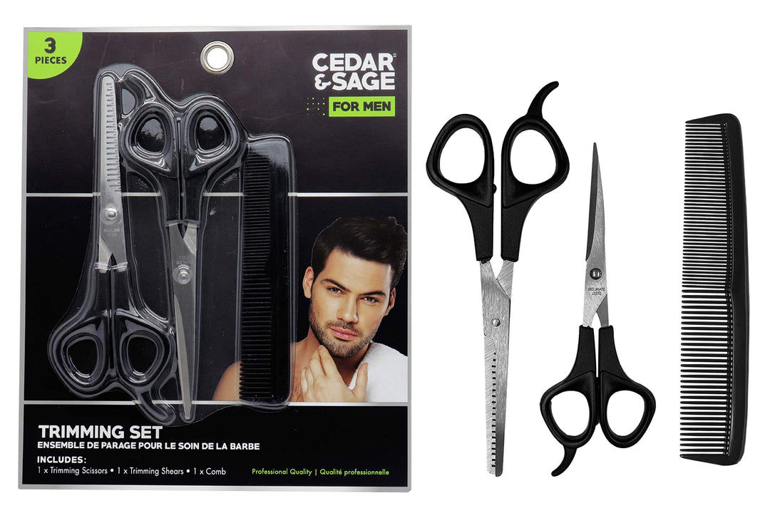 Cedar &amp; Sage, At-Home DIY Hair Trimming Set, Includes Trimming Scissors, Trimming Shears, Comb, 3 Count, Black, Medium (CS8982)