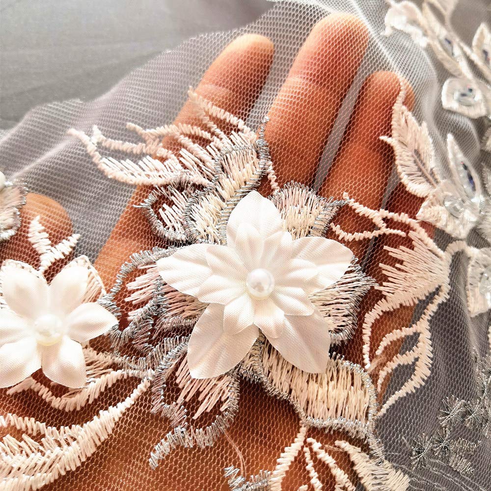 Lace Embroidered Pearl Rhinestone Patches Applique for DIY Fabric Trim Neckline Wedding Bridal Prom Dress Back Decoration (White, V-Neck)