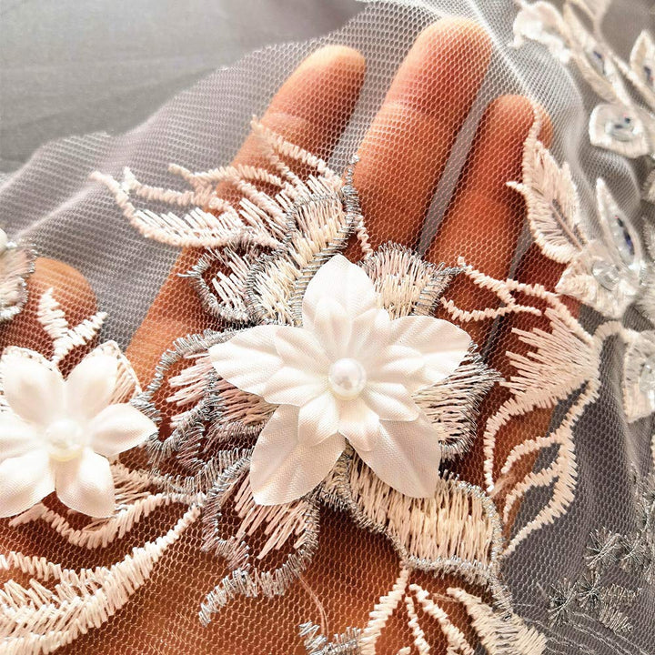 Lace Embroidered Pearl Rhinestone Patches Applique for DIY Fabric Trim Neckline Wedding Bridal Prom Dress Back Decoration (White, V-Neck)