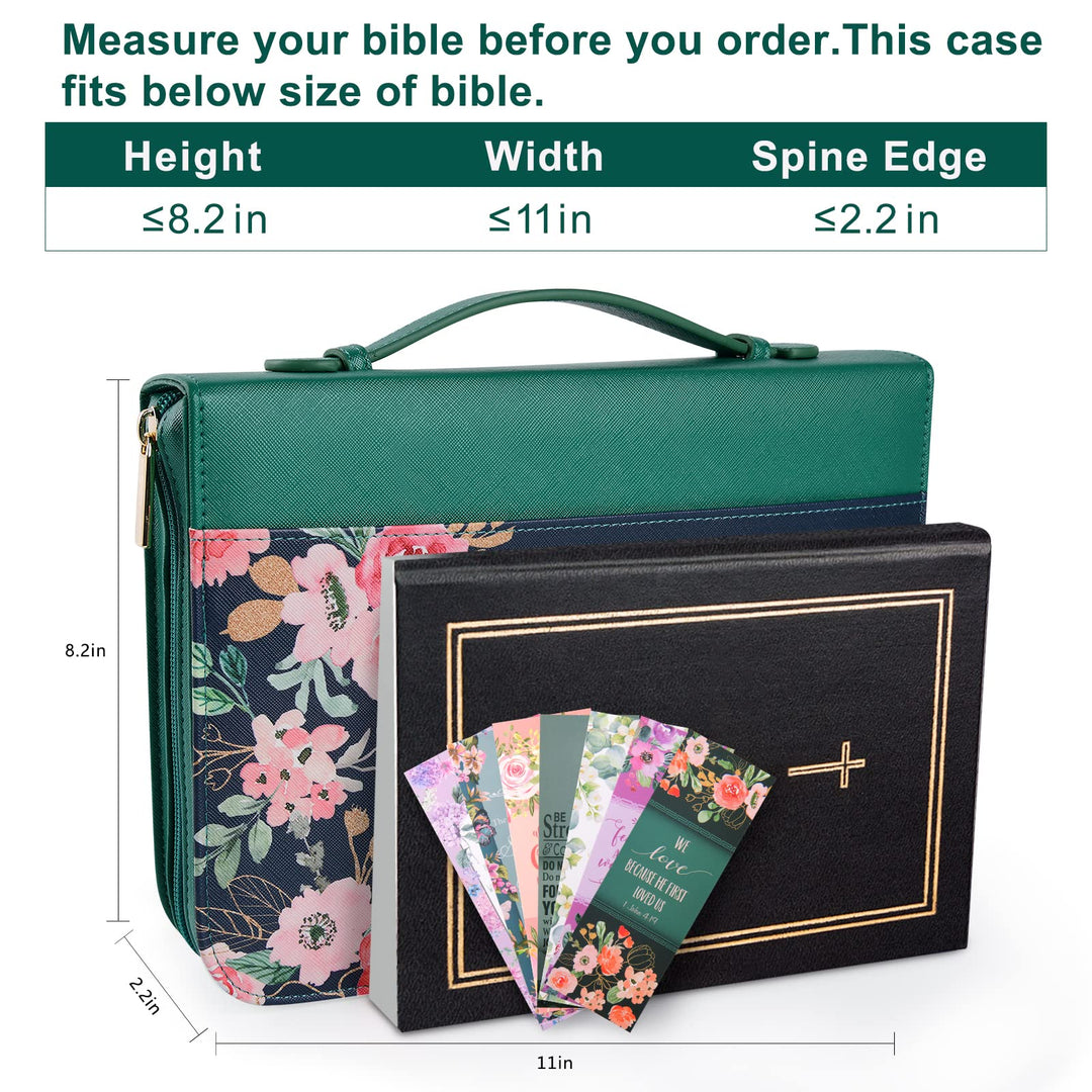 Bible Cover Case for Women with 7 Beautiful Paper Bookmarks Floral PU Leather Bible Cover Bag with Pockets and Zipper for Standard and Large Size Study Bible 10.8x7.8x2 (Dark Green)