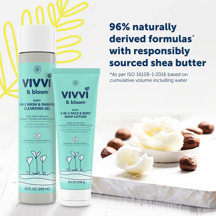 Vivvi &amp; Bloom Gentle 2-in-1 Baby Face &amp; Body Whip Lotion, Hydrates Developing Skin to Help Prevent Dryness, 48-Hour Hydration, Formulated Without Parabens &amp; Dyes, Hypoallergenic, 8.5 oz