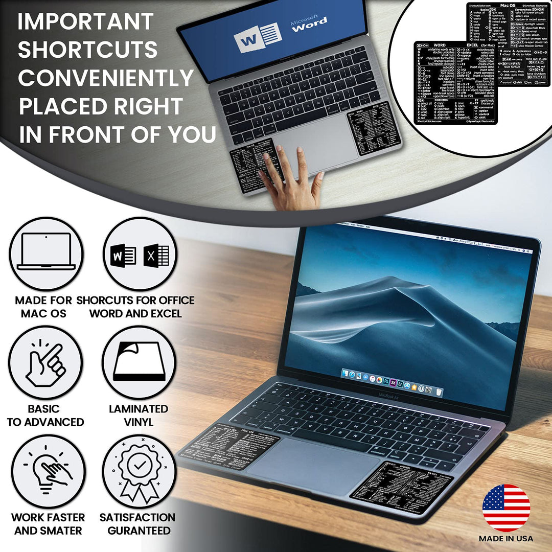 (1 Set) Mac OS + Word &amp; Excel Shortcuts Cheat Sheet Sticker Bundle | Quick Reference Keyboard Shortcut Stickers | Word Excel Shortcuts Sticker MacBook (Black)