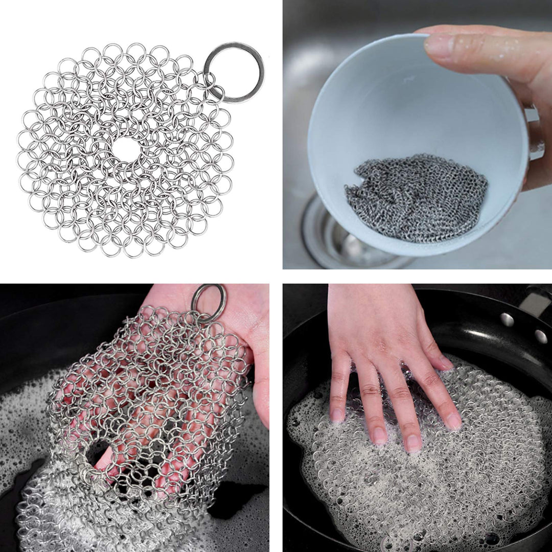 Cast Iron Cleaner kit, Wood Scrub Cleaning Brush, Stainless Steel Chainmail Scrubber, Pan Scrapers, Kitchen Cleaning