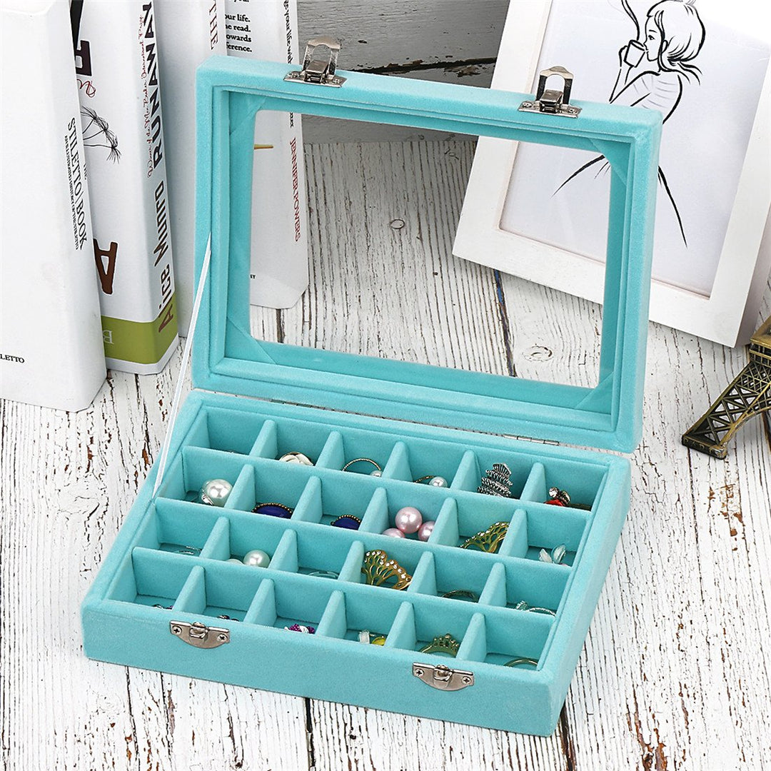 24 Grid Velvet Glass Jewelry Box Jewellery Organiser Earring Ring Storage Holder Case Box (Sky Blue)