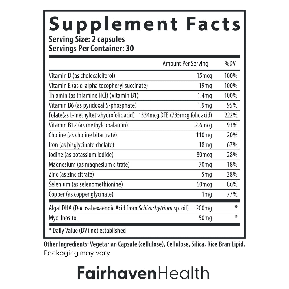 Prenatal Multivitamin Essentials | Prenatal Vitamins + DHA, Choline, Myo-Inositol | Supports Healthy Pregnancy & Fetal Brain Development | Mint Essence to Deter Nausea | 60 Capsules