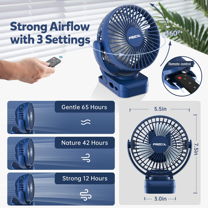 Clip on Fan 65 Hours Portable Desk Fan Rechargeable with LED Lights &amp; Hooks 12000 Capacity Battery Operated Fan with Clips Small Desk Fan Mini Fans for Tents Travel Outdoor Camping Golf Cart Stroller