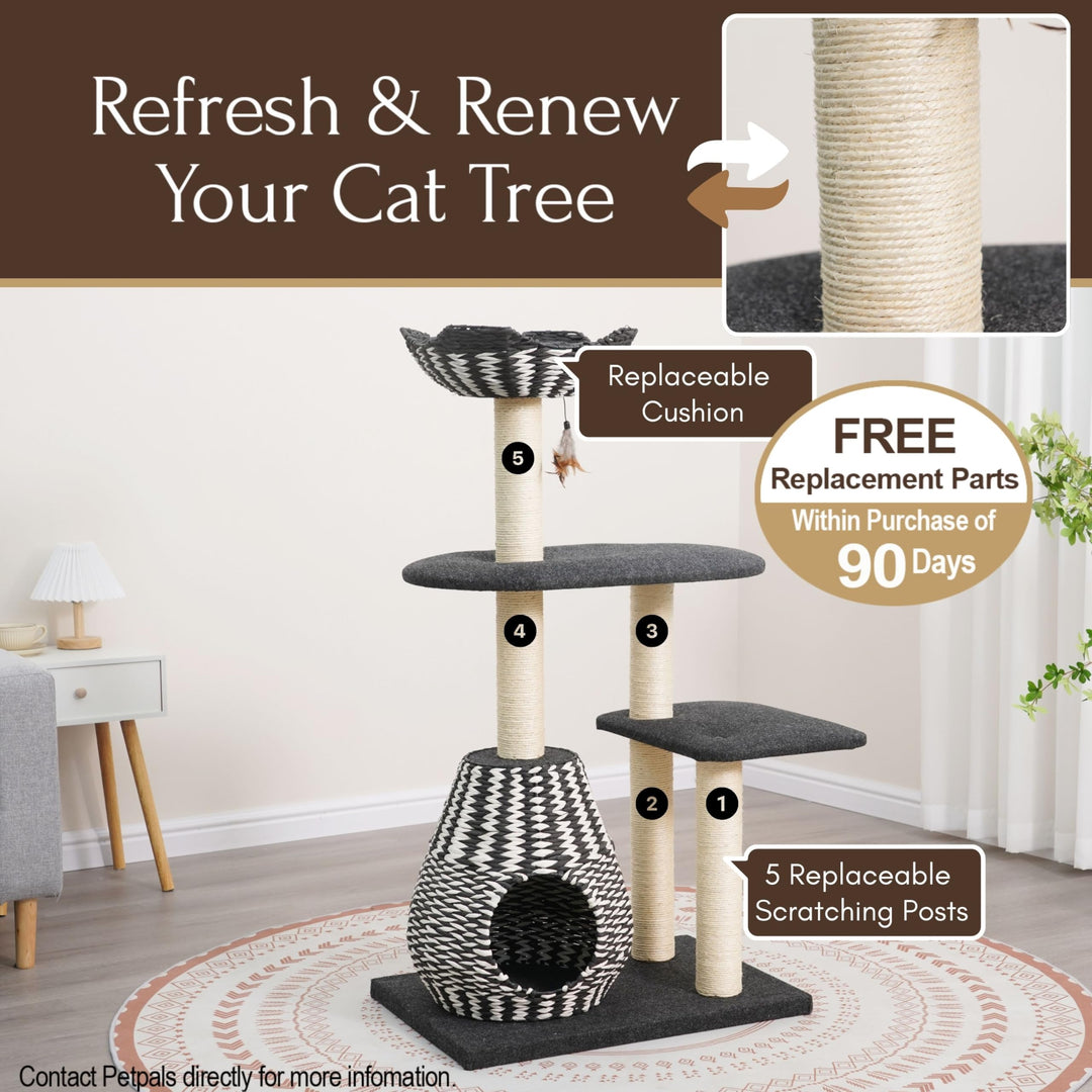 Ace 4-Level Multi-Activity Cat Tree with Felt Perches, Handwoven Recycled Paper Rope Condo, Sisal Scratching Posts, Feather Teaser Toy, Eco-Friendly &amp; Stylish Cat Furniture, Black &amp; White