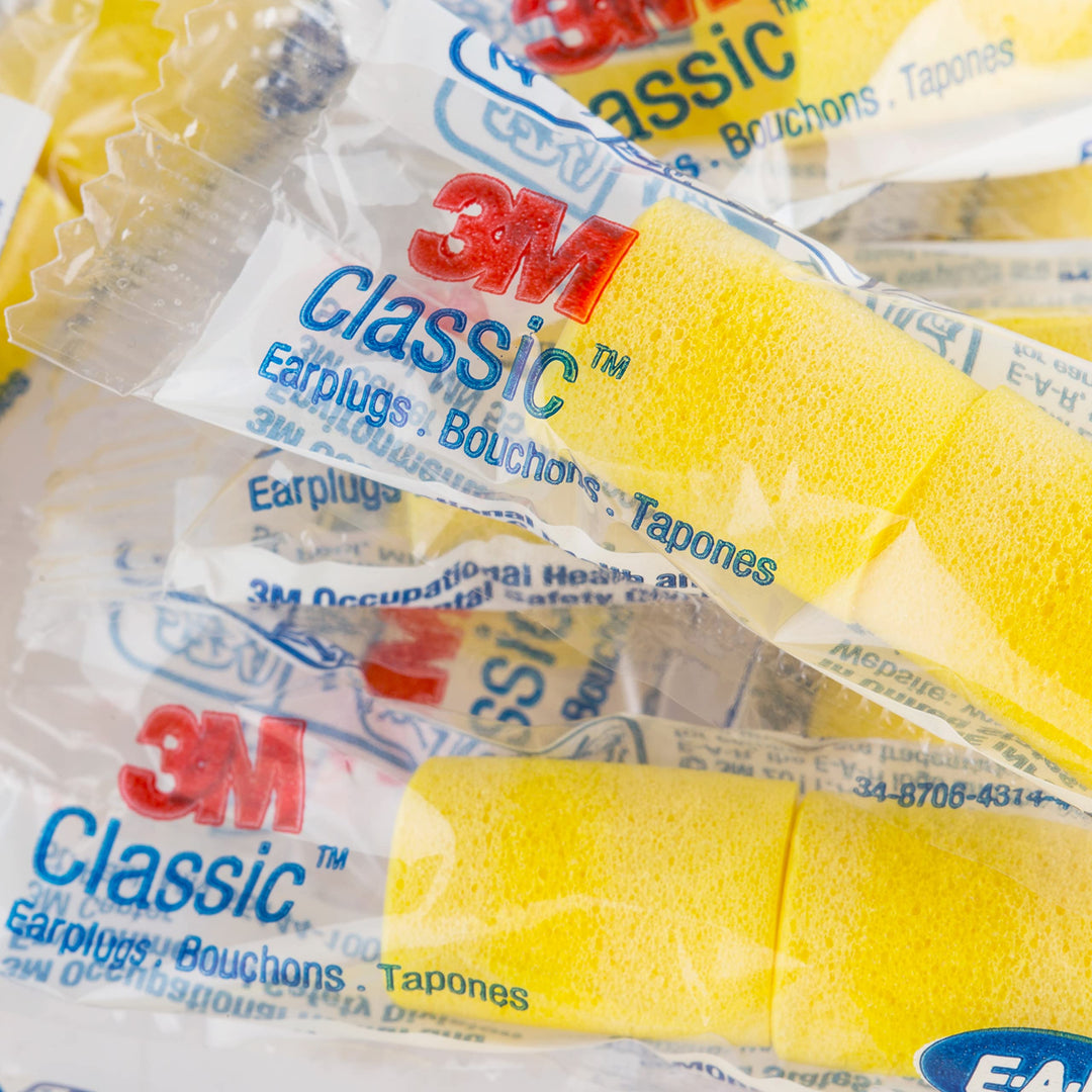 3M Ear Plugs, E-A-R Classic 312-1201, 200 Pairs of Disposable Earplugs, 1 Pair/Poly Bag, Uncorded, Noise Reduction Rating 29 dB NRR, Foam, Regular Size, Roll Down, Compliant with ANSI/ASA S12.71-2018
