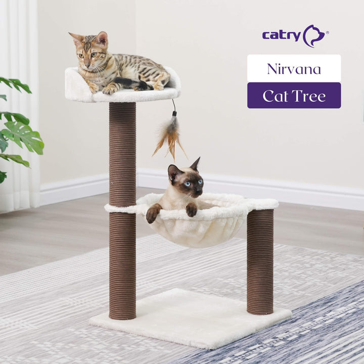 Nirvana 3-Level Kitten Tree with Plush Perch, Soft Hammock, and Paper Rope Scratching Posts, Minimalist Cat Furniture for Climbing, Scratching &amp; Resting, Ideal for Kittens &amp; Small Cats, Beige