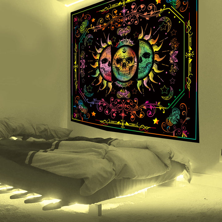 Blacklight Trippy Sun and Moon Stars Tapestry UV Reactive Skull Tapestry Wall Hanging psychedelic Black light Skeleton Tapestries for bedroom aesthetics Party Decor Poster 35.4 * 47.2inch