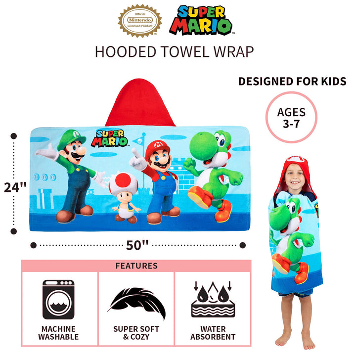 Super Mario Bath/Pool/Beach Soft Cotton Terry Hooded Towel Wrap, 24 in x 50 in, By Kids