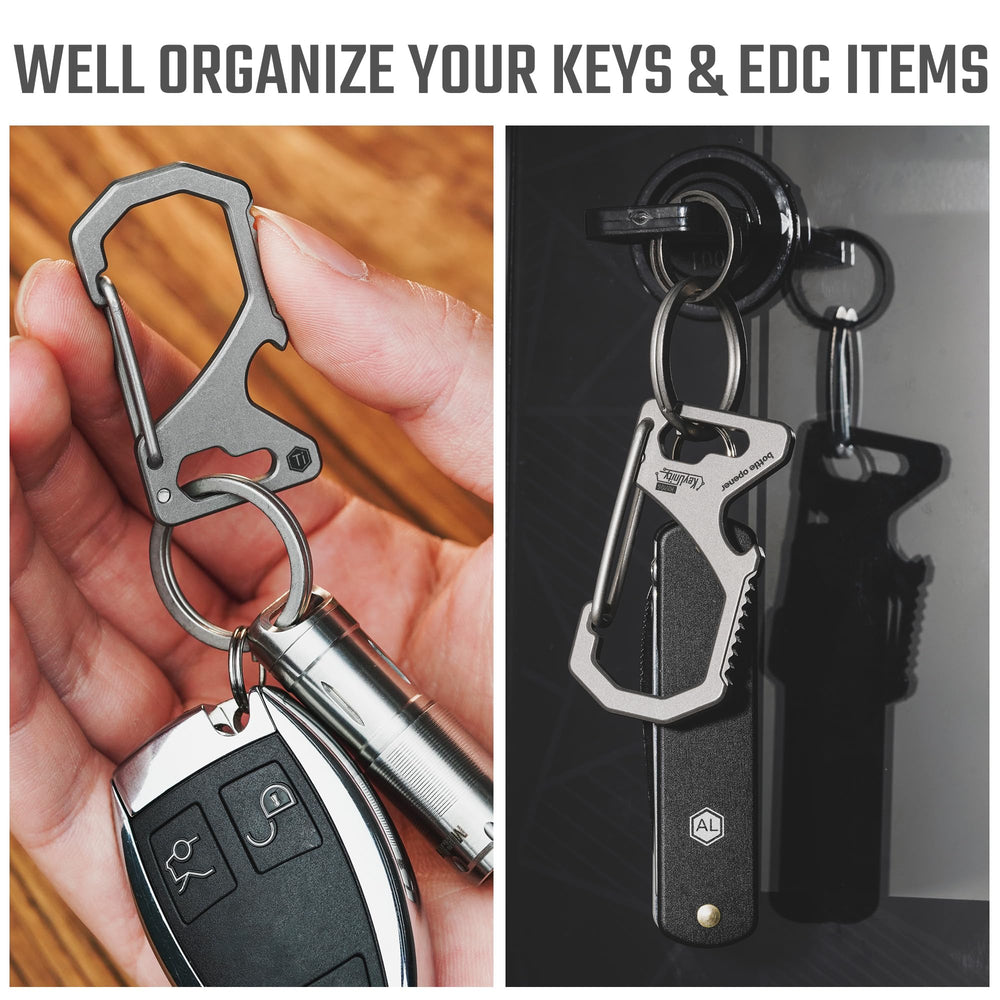 KM05 Small Titanium Carabiner Keychain Clip, 2 inch Beer Bottle Opener Key Holder Heavy Duty Multitool with Screw Bit Driver for Men & Women