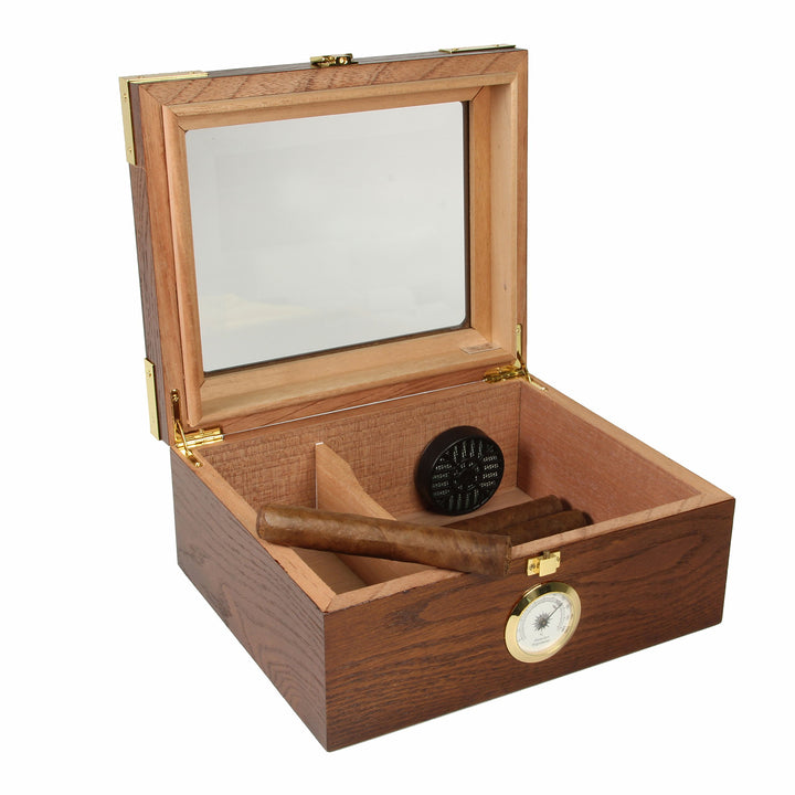Desktop Humidor, Capri Elegant, Tempered Glasstop, Spanish Cedar Divider, Brass Ring Glass Hygrometer, Holds 25 to 50 Cigars