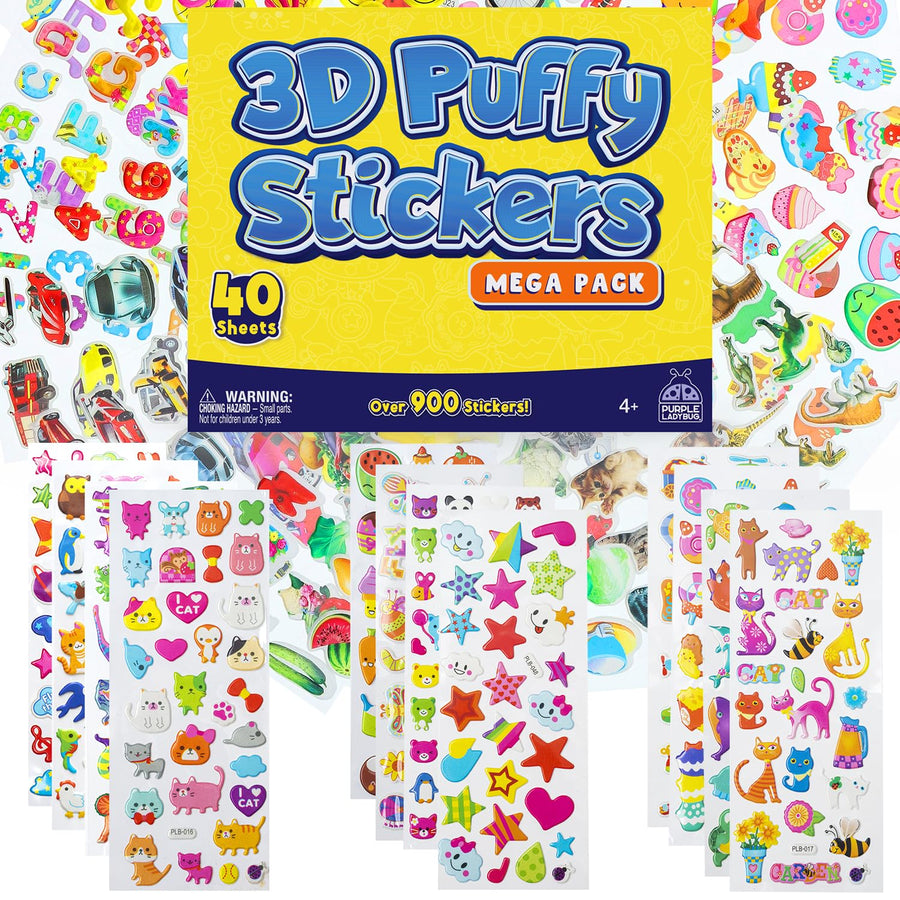 3D Puffy Stickers for Kids Activities - 40 Bulk Sticker Sheets with 950+ Cute Puffy Stickers for Toddlers 1-3 Girls & Boys - Sticker Pack Includes Fish, Animals, Alphabet, Cars, & More