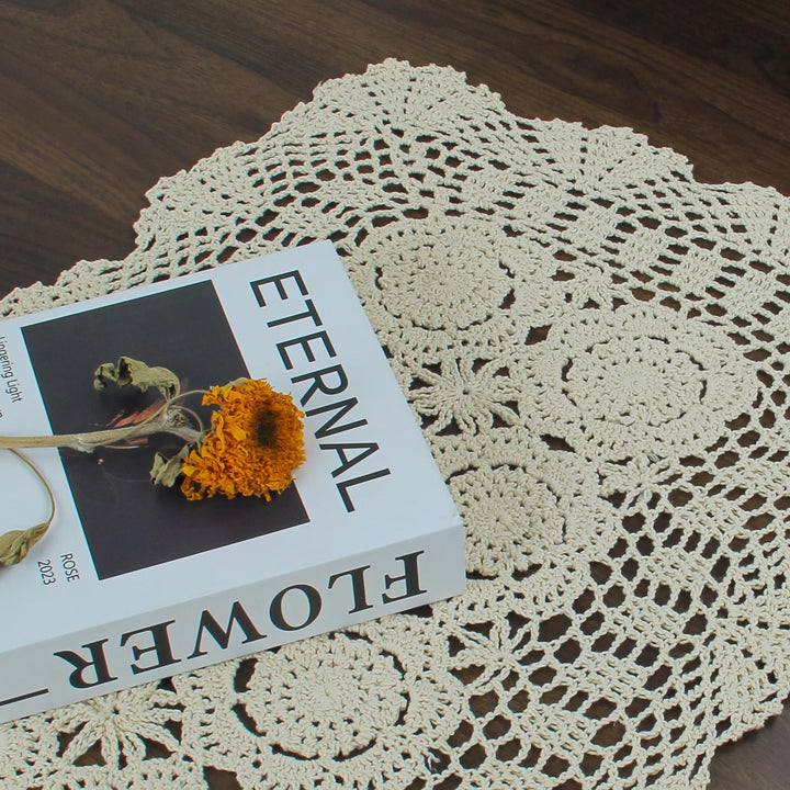 Handmade Crochet Lace Rectangular Table Runner 15 x 36 Inch, Beige