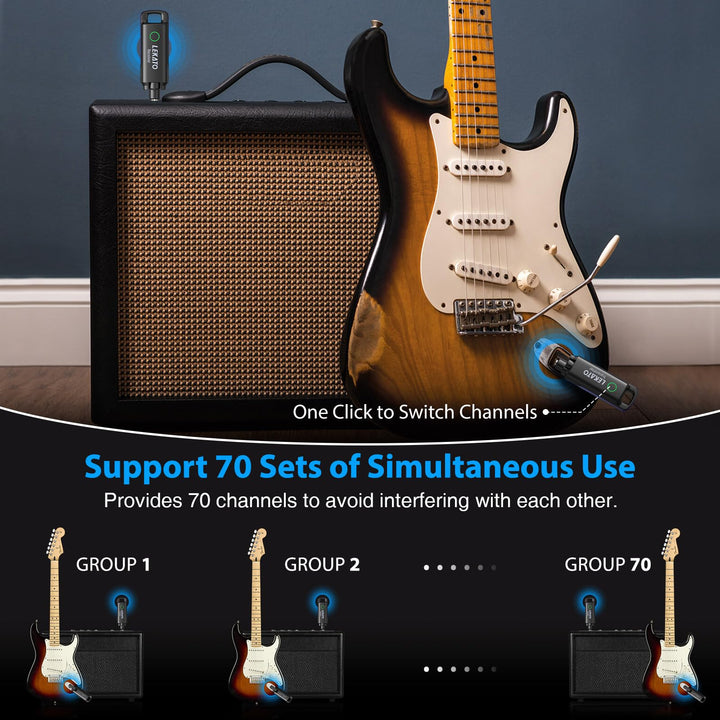 Wireless Guitar System, UHF Audio Wireless Guitar Transmitter and Receiver Rechargeable Wireless Guitar Transmitter Receiver with 70 Channels for Guitar Bass Electric Instruments (Pink)