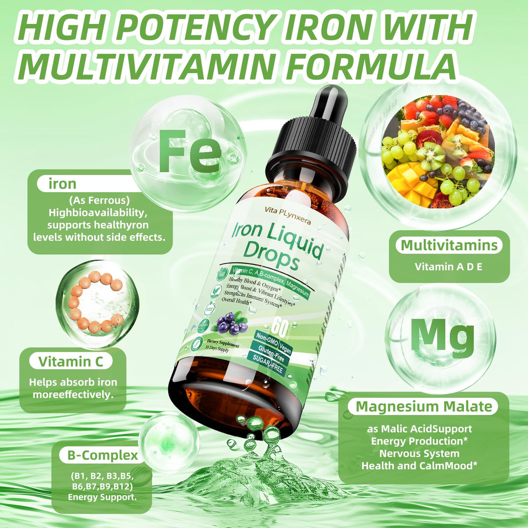 2 Pack Liquid Iron Supplement for Women Men &amp; Kids, Vegan Iron Drops with Vitamin C D, B12, B-Complex, High Potency Liquid with Multivitamin for Anemia, Energy Support, Magnesium Iron Gentle