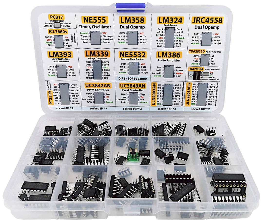 XL IC Chip Assortment 150 pcs, opamp, oscillator, pwm, PC817, NE555, LM358, LM324, JRC4558, LM393, LM339, NE5532, LM386, TDA2030, TDA2822, PT2399, UC3842, UC3843, ULN2003, ULN2803, 7660, Sockets