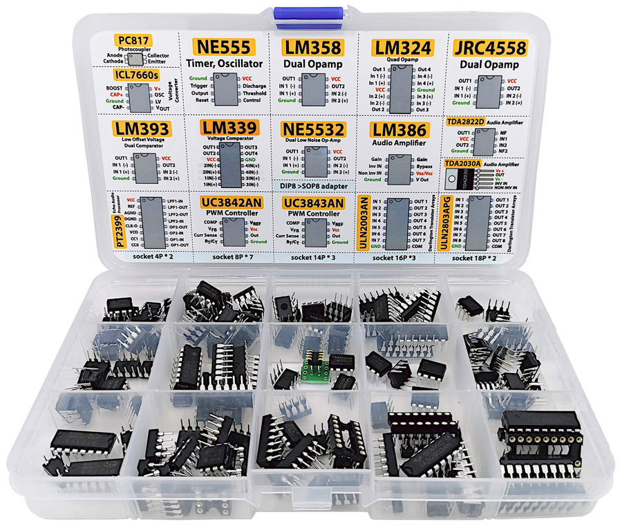 XL IC Chip Assortment 150 pcs, opamp, oscillator, pwm, PC817, NE555, LM358, LM324, JRC4558, LM393, LM339, NE5532, LM386, TDA2030, TDA2822, PT2399, UC3842, UC3843, ULN2003, ULN2803, 7660, Sockets