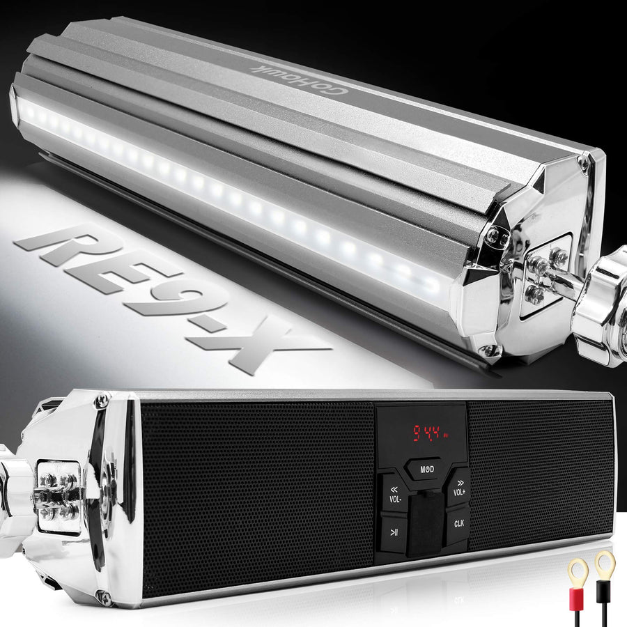 RE8 White Gen.3 Waterproof Bluetooth Motorcycle Stereo Speakers LED Soundbar 7/8-1.25 in. Handlebar Mount MP3 Music Player Audio Amplifier System ATV 4 Wheelers USB AUX FM Radio