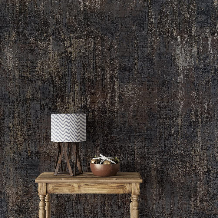 Distressed Wallpaper Industrial Metallic Wall Paper Non-Woven, 20.80&#39;&#39; X 393.00&#39;&#39;, Charcoal &amp; Gold