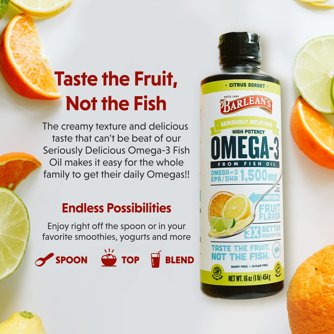 Barlean&#39;s Citrus Sorbet High Potency Omega 3 Fish Oil Liquid Supplement, 1500mg of EPA &amp; DHA Fatty Acid, Smoothie Flavored &amp; Burpless for Brain, Joint, &amp; Heart Health, 16 oz