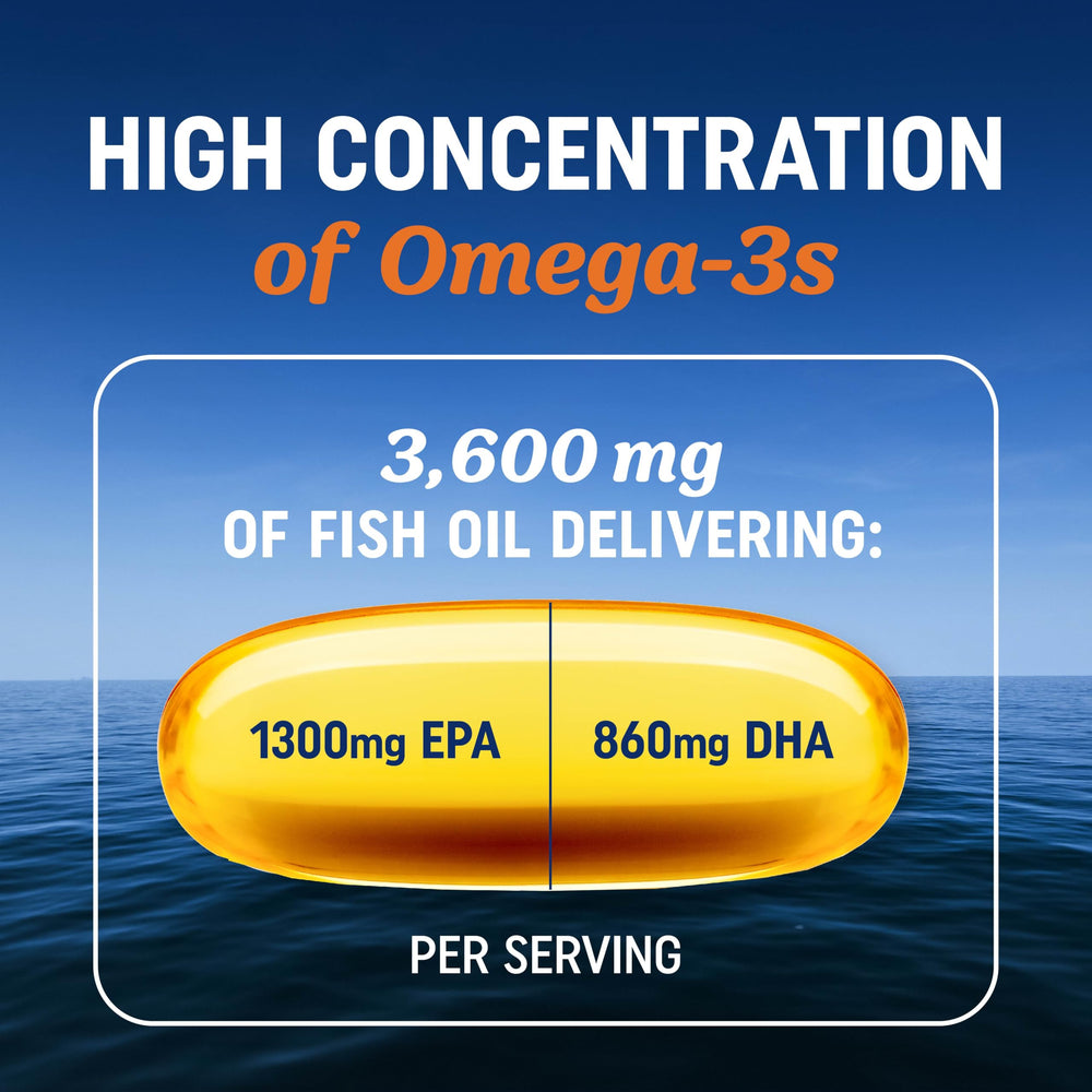 Triple Strength Omega 3 Fish Oil 3600 mg | EPA & DHA | Over 2100mg Omega-3 Fatty Acids | 1300mg EPA + 860mg DHA | Best Essential Fatty Acids | Premium Wild Caught & Burpless Fish Oil | 120 Ct