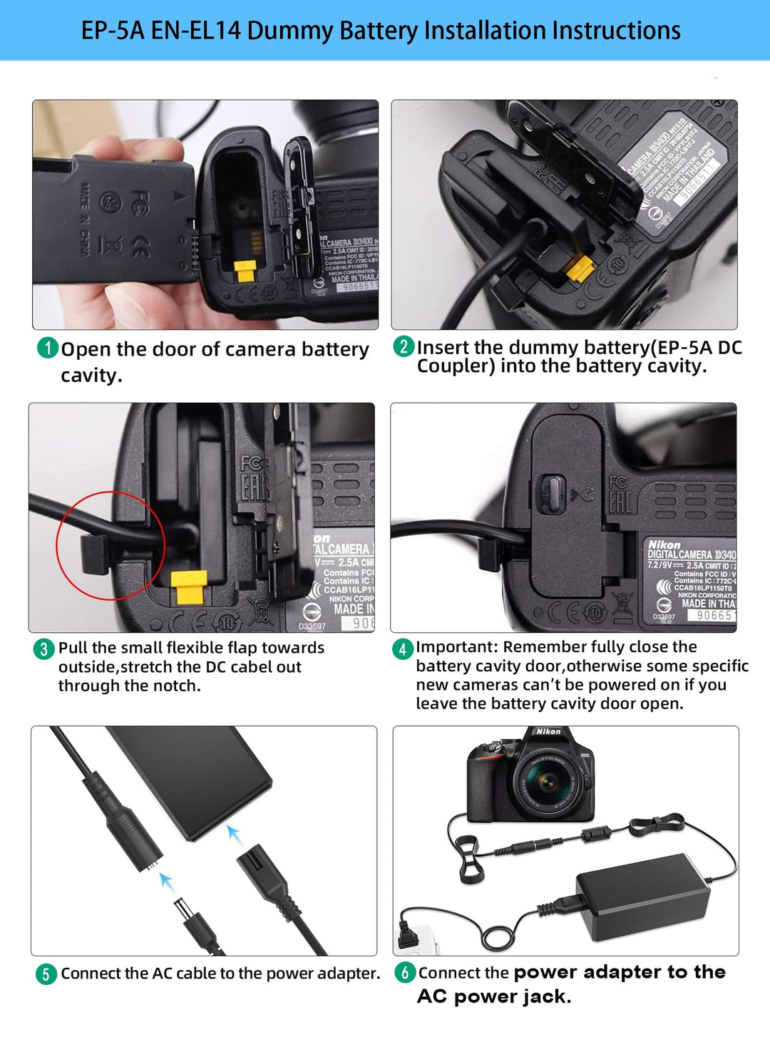 TKDY EP-5A EH-5 AC Power Adapter EN-EL14A Dummy Battery
