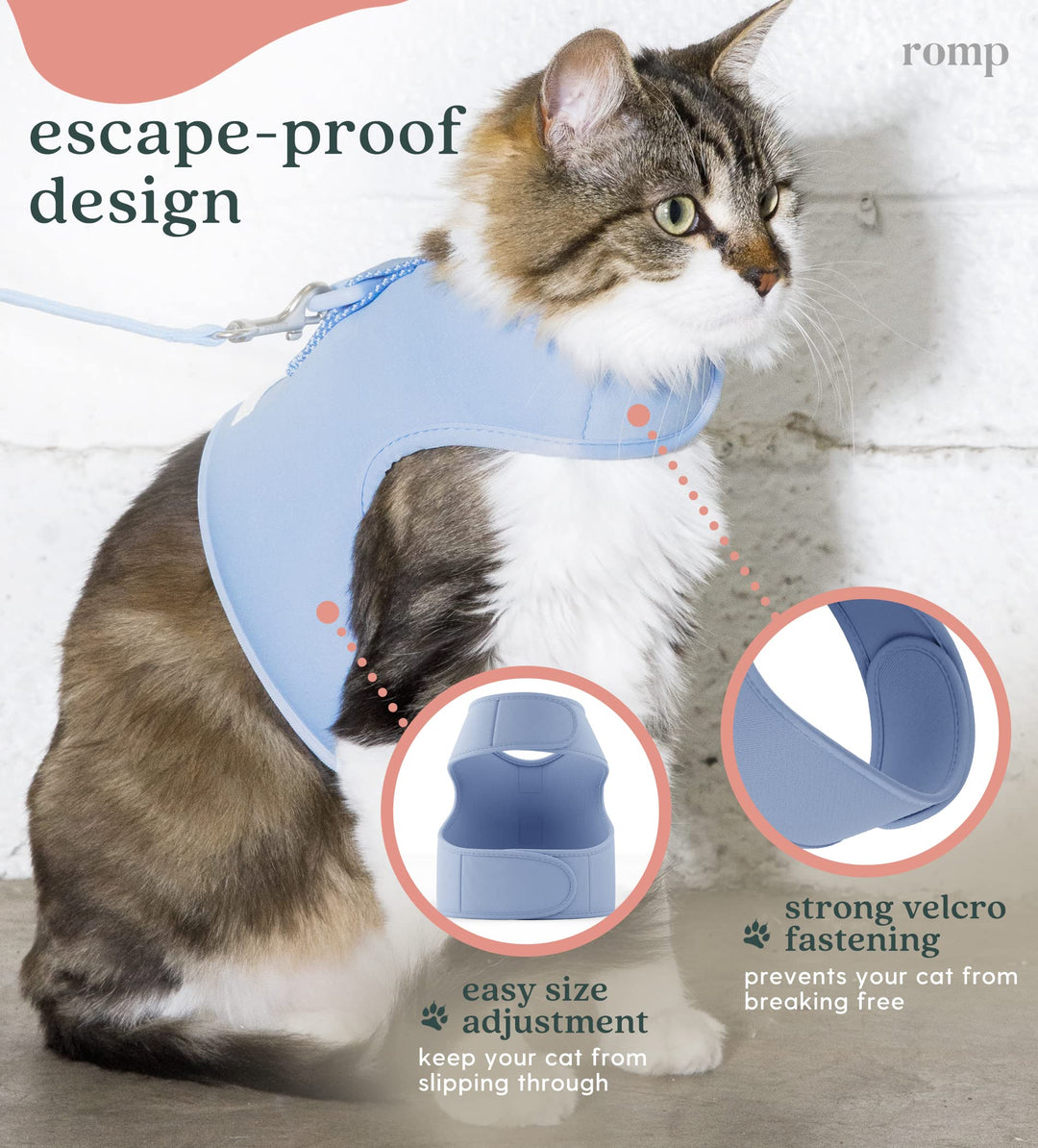 Cat Harness, Collar & Leash Set - Escape Proof Adjustable Choke Free Velcro Harness Vest for Walking Cats & Kittens (Cotton Blue, Medium)