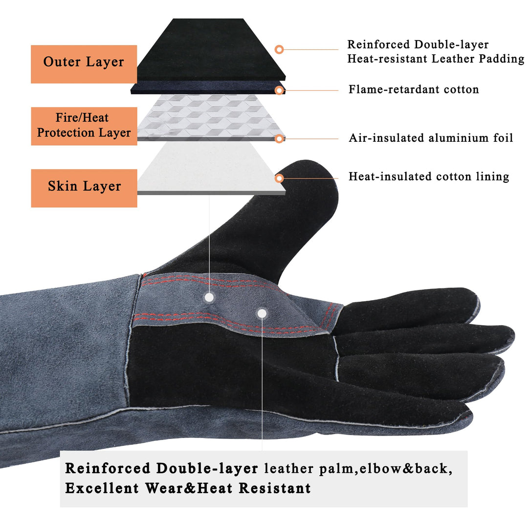 Fireplace Gloves Fire Heat Resistant: Grey 16IN - Fireproof Leather for Fireplace Fire pit Wood stove Campfire Furnace BBQ Grill Stick Mig Welding Welder Gear - one size 662